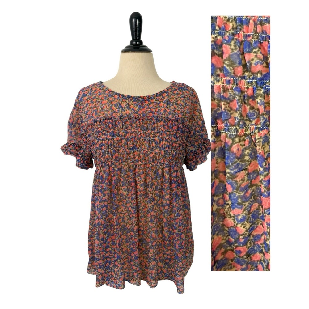 Anthropologie Deletta Top sz S Pink Robyn Smocked Floral Blouse Y2K Sheer Empire